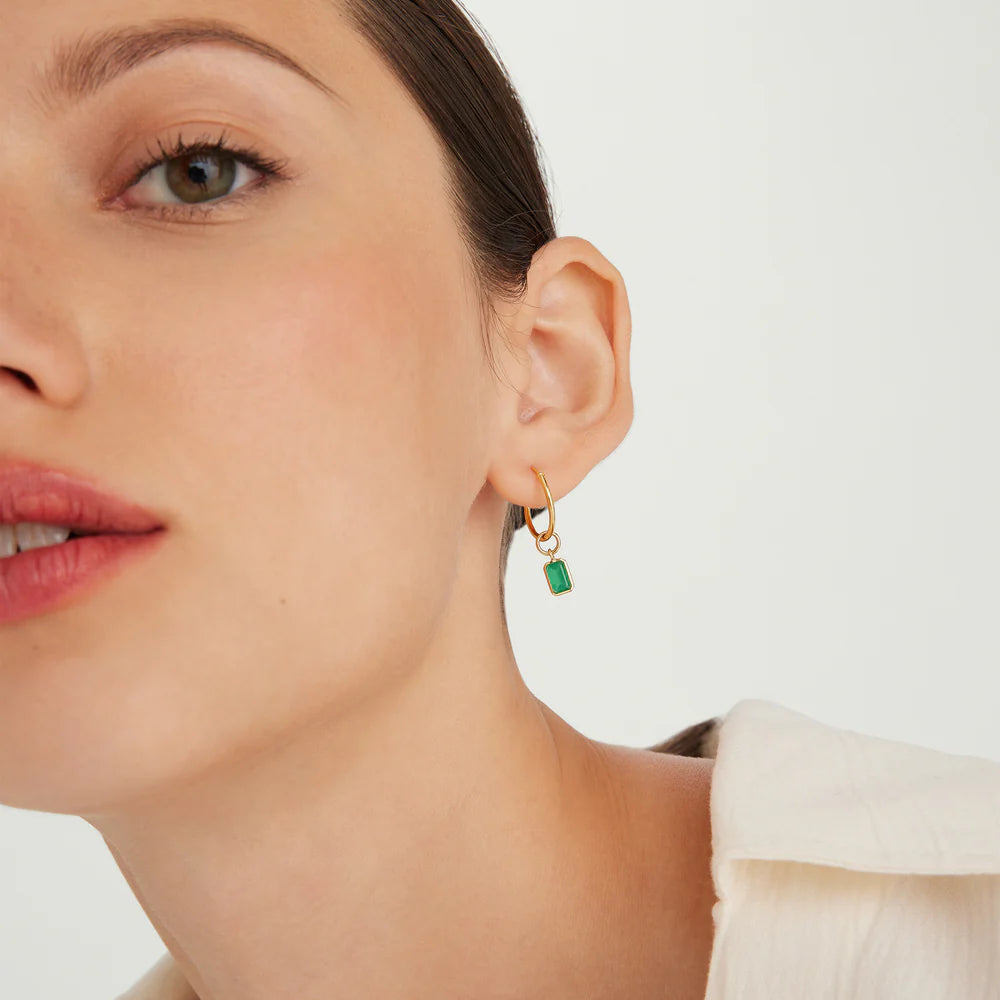 Single Emerald Cut Gemstone Hoop Charm Green Onyx